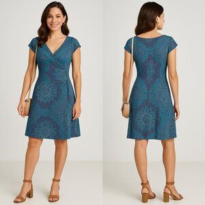 Jones New York Teal and Navy Mandala Print Faux Wrap Dress Size 6